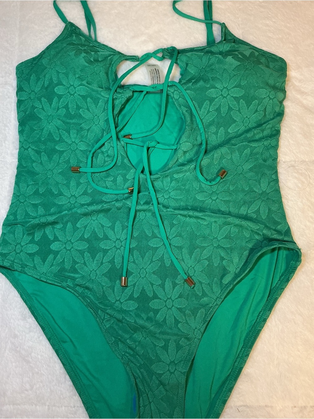 Green Floral Lace Tie-Front one piece bathing suit with skirt - Picture 5 of 11